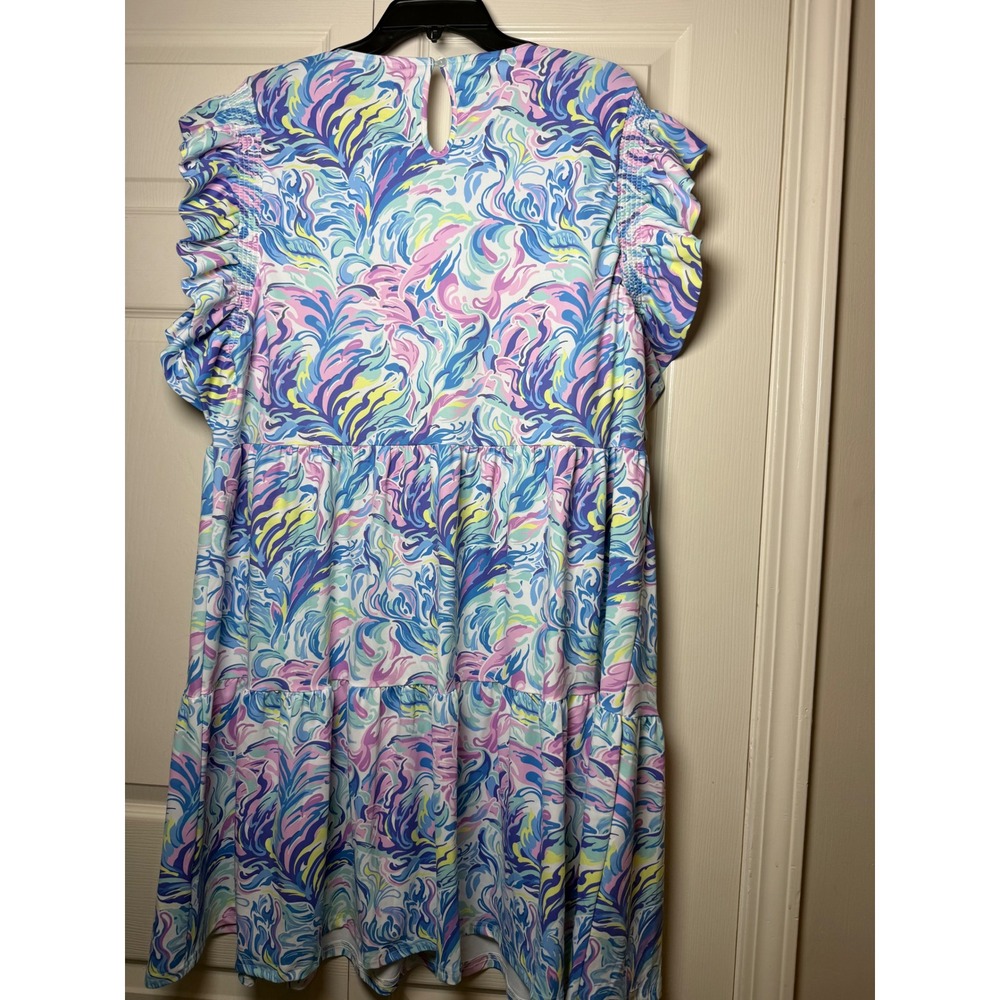 Simply Southern Watercolor Ruffle Sleeve Tiered Dress XL UPF 50+ Blue Pink New - Picture 10 of 10